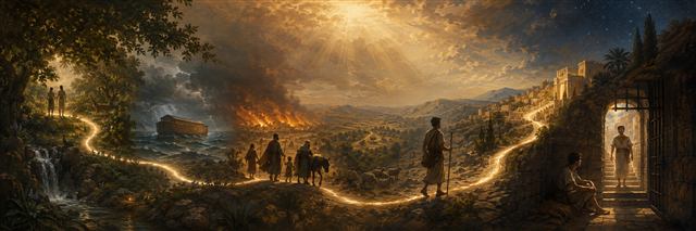 A luminous path connects a garden, an ark on floodwaters, a fleeing family, a traveler, and a prisoner rising to honor
